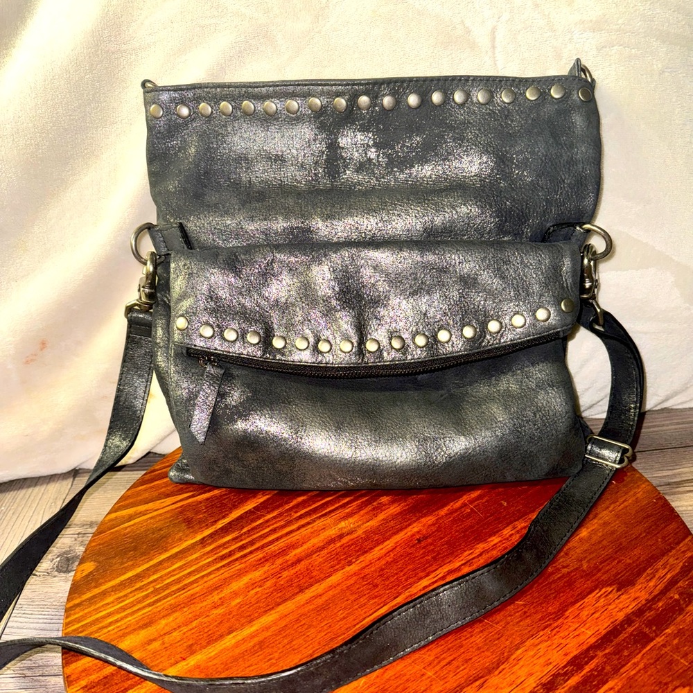 Laggo THE BILLY BAG Distressed Metallic Gray Crossbody bag front pocket & Studs